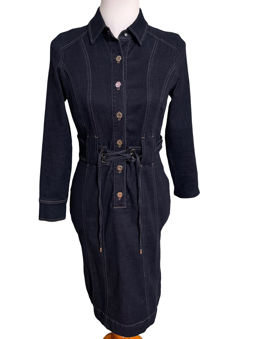 White House Black Market Navy Button Front Shirt Dress Long Sleeve